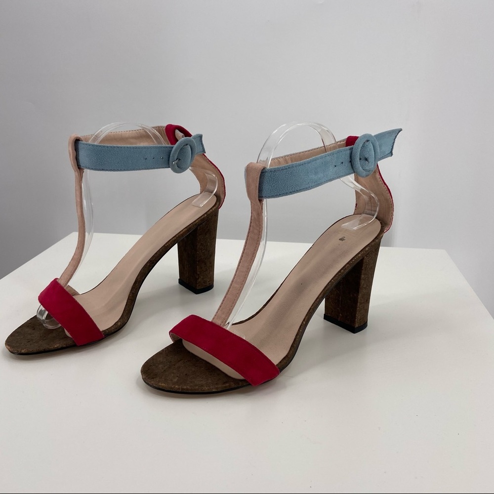 Open Toe Colorblock Cork Block Heels Sandals Ankle Strap Blue Red Tan Size 10